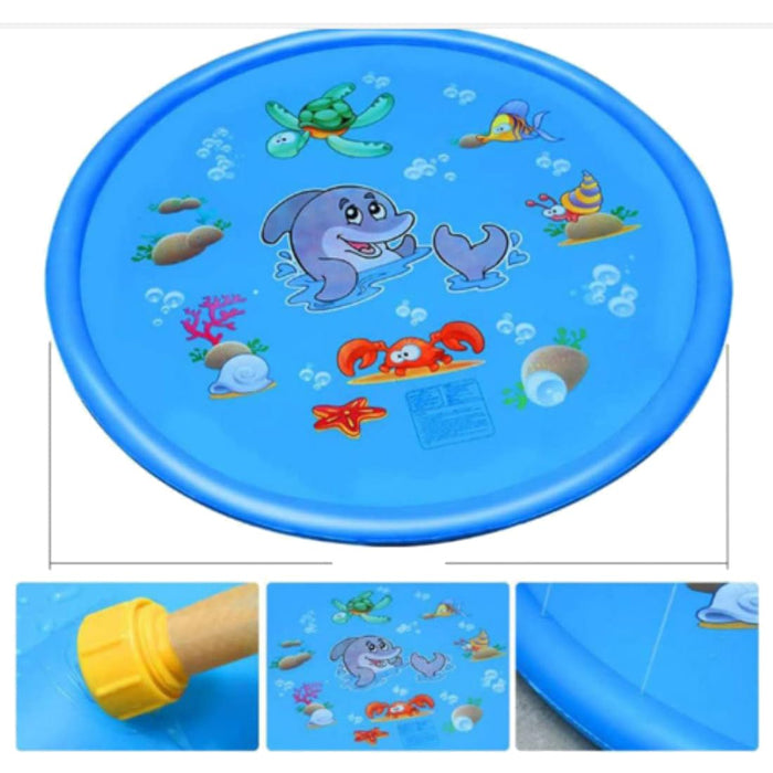 Blue round splash mat with playful sea animals and coral illustrations, shown with close-up of yellow valve and material texture – 1598452254744 12846906.