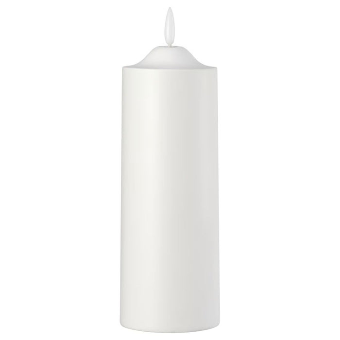 IKEA SMÅLOM LED pillar candle in white, 19 cm tall, with smooth cylindrical body and realistic flame tip