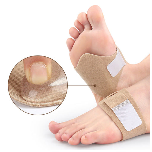 Foot with bunion corrector and close-up of bunion area on a white background