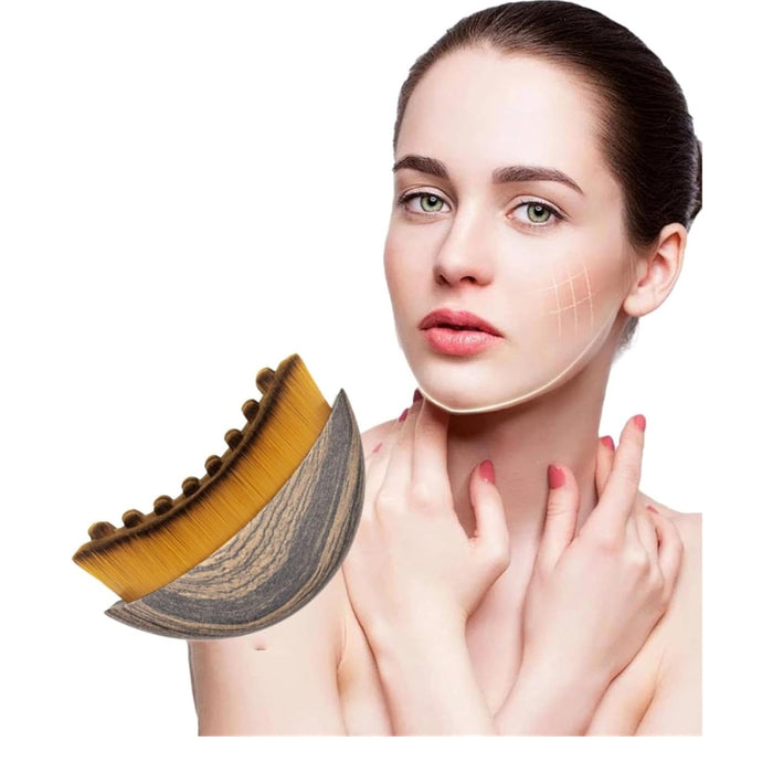 Digital Shoppy Lymph Contour Facial Lymph Massage Brush, grid overlay on cheek with wooden brush and massage knobs