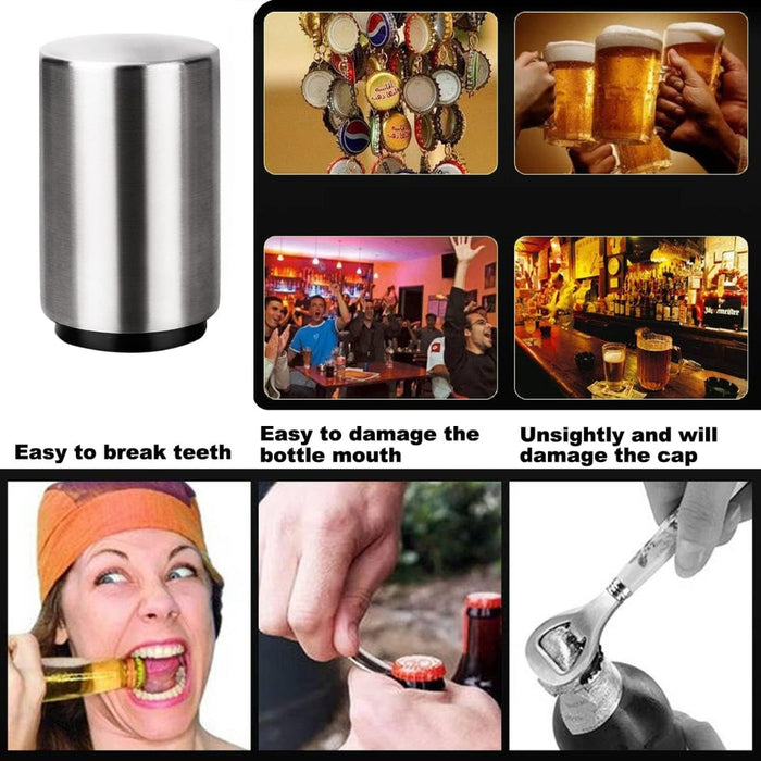 Metal bottle opener with images showing its use and drawbacks in a collage format.
