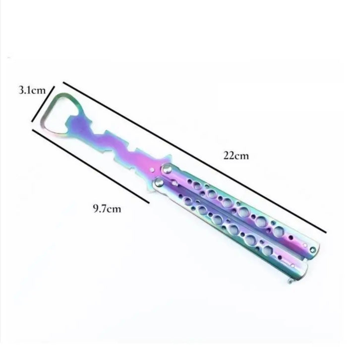 Multicolored metal tool with measurements on a white background