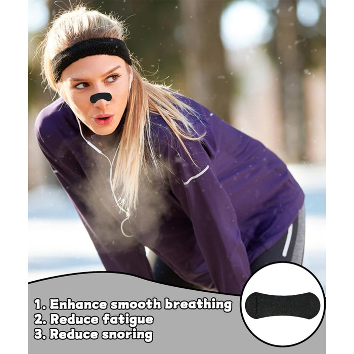 Woman outdoors wearing black nasal strip during workout, promoting smooth breathing and reduced fatigue