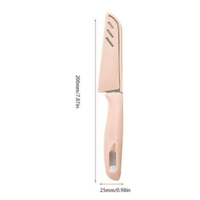 Pink-colored knife with measurements on a white background
