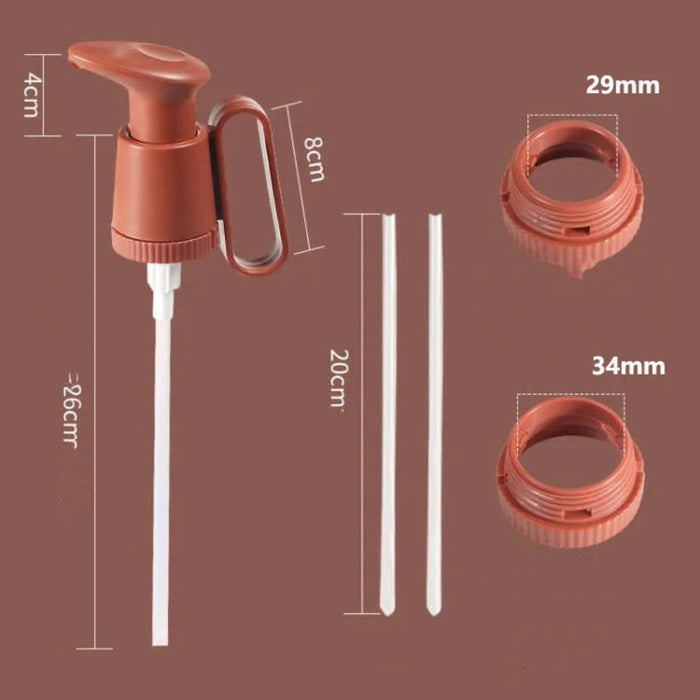 Measurement chart of a brown pump dispenser with dimensions on a brown background