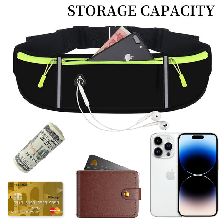 Waterproof running belt – black with neon green zippers, shown storing phone, wallet, cash, and earphones

