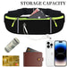 Waterproof running belt – black with neon green zippers, shown storing phone, wallet, cash, and earphones

