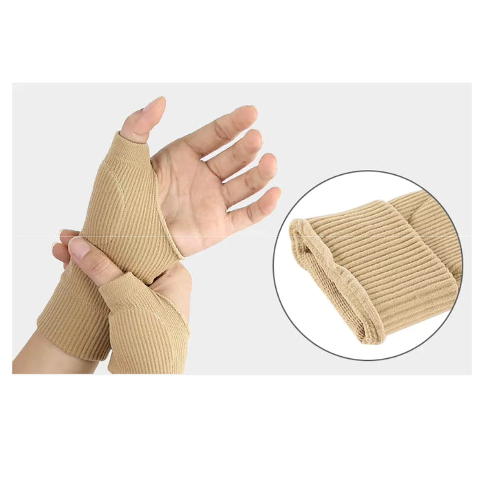 Beige wrist support brace on a white background with an inset showing the texture.