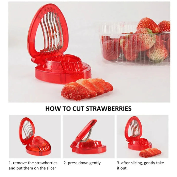 Strawberry slicer beside fruit container with 3-step usage instructions – press gently for uniform slices – 1261421 13927578