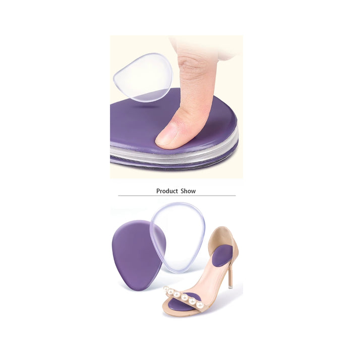 Purple heel cushion with a sandal and high-heeled shoe on a white background