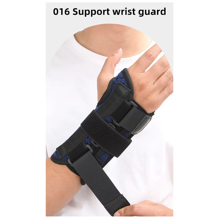 Black wrist guard on a person's wrist with text '016 Support wrist guard' on a white background