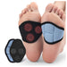 Foot care products with black and blue designs on a white background