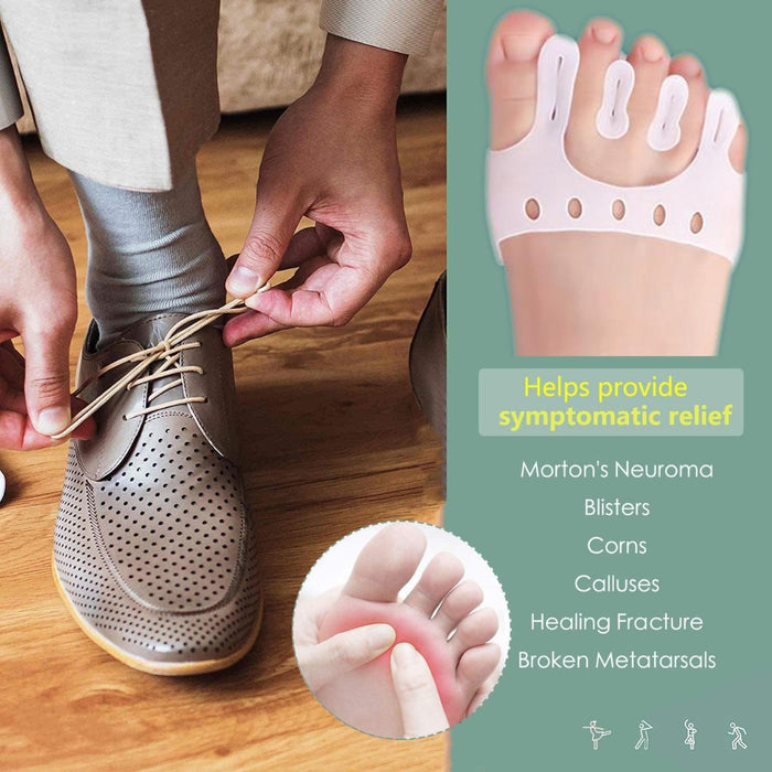 Orthotic device shown beside dress shoe with relief claims for neuroma, blisters, calluses, and fractures