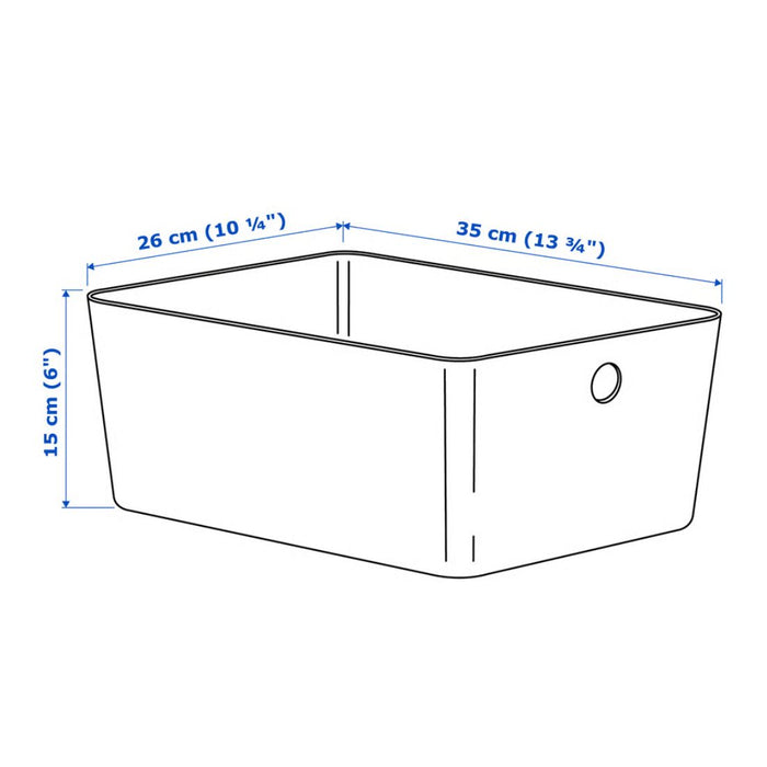 Dimensions of a rectangular container with measurements in centimeters and inches.