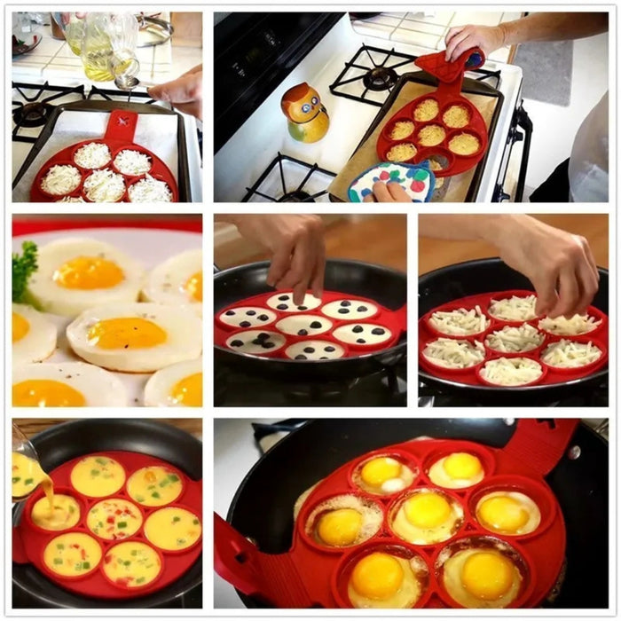 Collage showcasing six ways to use the 7-hole Silicone Non-Stick Pancake Egg Mould in red. Top left: mold filled with shredded cheese in an oven tray. Top right: cheese cups being removed post-baking. Middle left: plated sunny-side-up eggs. Middle right: pancake batter with chocolate chips in the mold on a pan. Bottom left: diced vegetable egg mix being poured into the mold. Bottom right: sunny-side-up eggs cooking neatly in the mold. Demonstrates the tool’s multifunctionality—perfect for creative, efficien