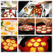 Collage showcasing six ways to use the 7-hole Silicone Non-Stick Pancake Egg Mould in red. Top left: mold filled with shredded cheese in an oven tray. Top right: cheese cups being removed post-baking. Middle left: plated sunny-side-up eggs. Middle right: pancake batter with chocolate chips in the mold on a pan. Bottom left: diced vegetable egg mix being poured into the mold. Bottom right: sunny-side-up eggs cooking neatly in the mold. Demonstrates the tool’s multifunctionality—perfect for creative, efficien