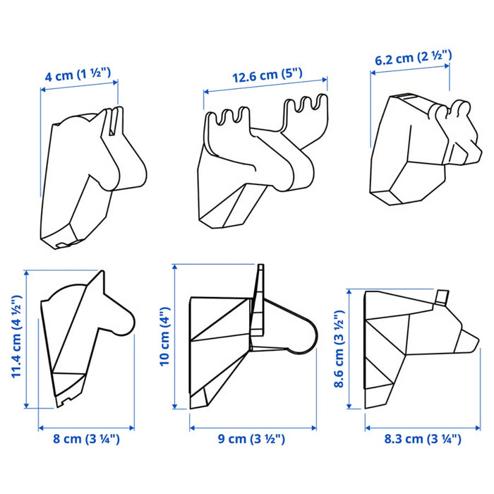 IKEA FRÖSÅDD black geometric animal head hook dimensions chart with measurements in cm and inches