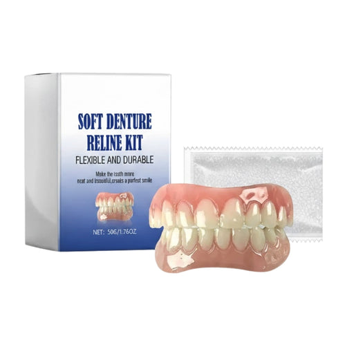 Soft Denture Reline Kit box with upper and lower dentures and sealing packet, designed for flexible, comfortable fit