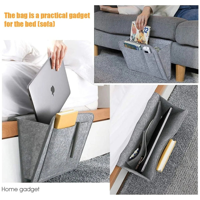Gray bed caddy with compartments holding a laptop, books, and other items on a bed.