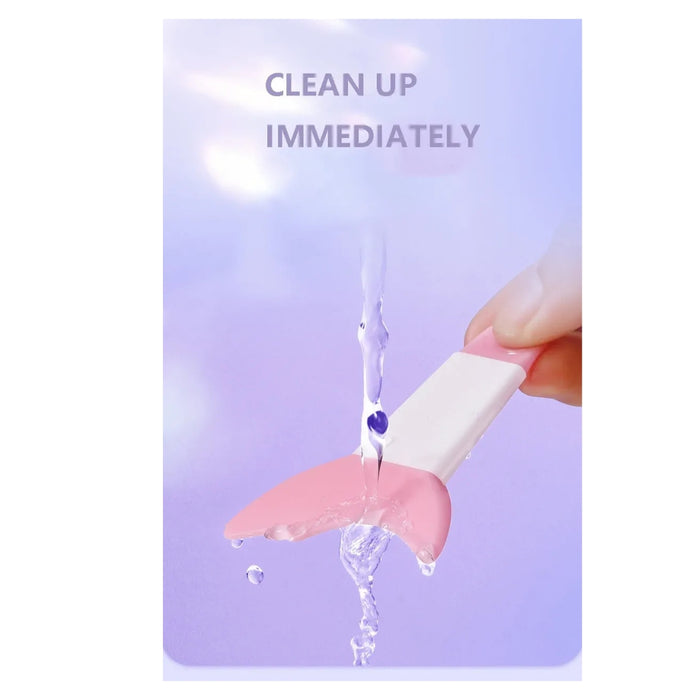 Pink and white cleaning tool with water droplets on a purple background with text 'Clean Up Immediately'.
