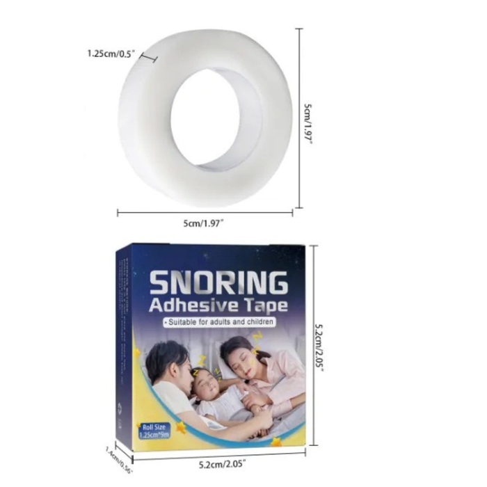Snoring tape product with roll and packaging dimensions displayed for adult and child use during sleep