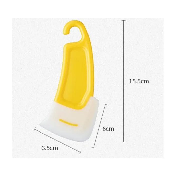 Yellow and white kitchen scraper with hook handle, shown with labeled dimensions – 1598449174494 14075321