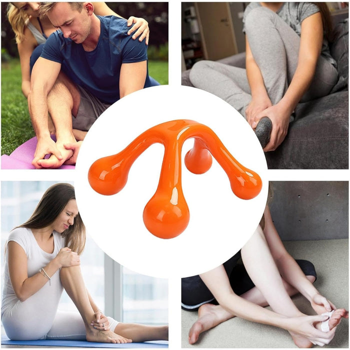 Digital Shoppy orange massage tool displayed with collage of foot and leg massage use cases