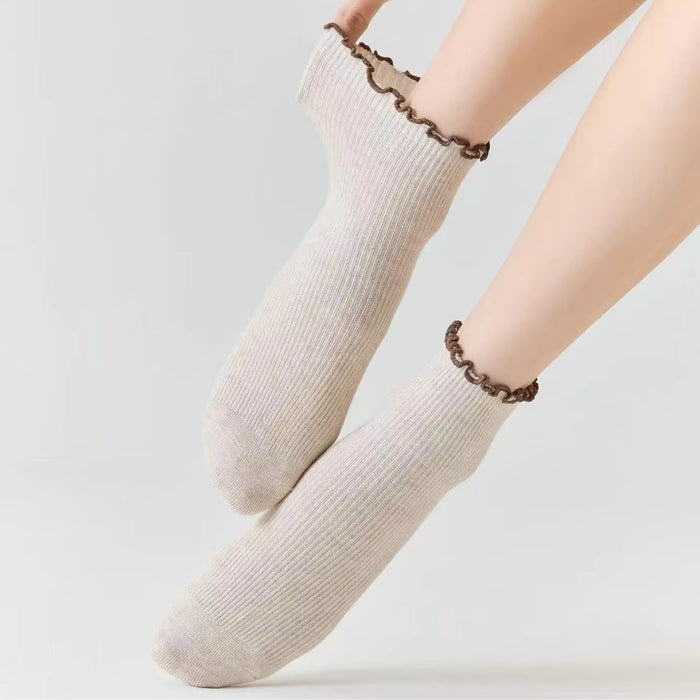Digital Shoppy 1pair Women’s Knitted Thin Ruffle Crew Socks — Cotton Breathable Casual Spring Summer