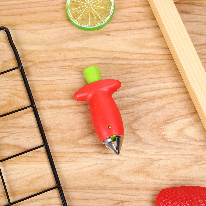 Strawberry Stem Remover Metal Plastic Fruit Leaf Remover Tomato Stalks Strawberry Knife Stem Remover Gadget Kitchen Cooking Tool On wooden table
