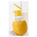 A yellow citrus juicer attachment with a hinged yellow lid and clear plastic body, mounted on a whole lemon.