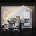 Modern office setup with hexagonal light panels on the wall