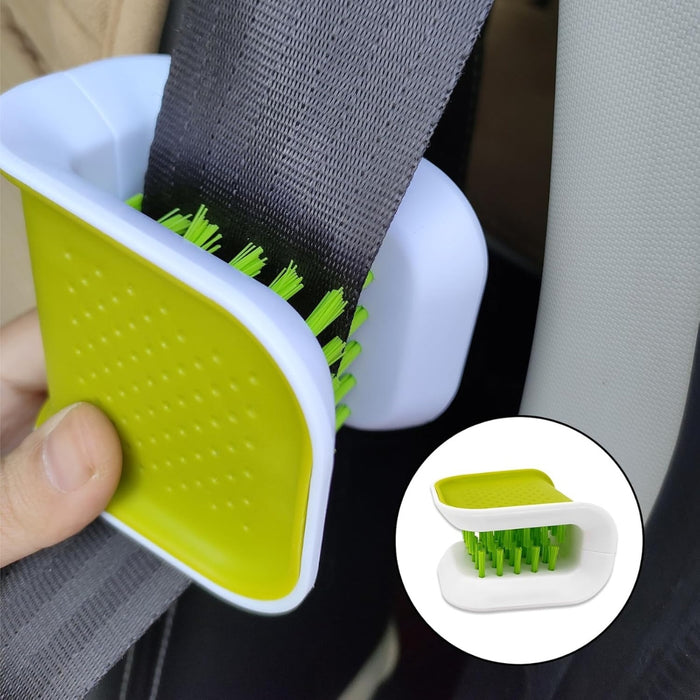 U-shaped scrub brush – close-up of seatbelt cleaning with inset showing brush structure