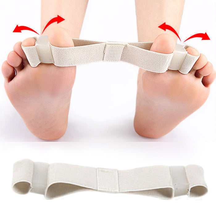 white elastic toe stretcher band worn on both feet for bunion correction