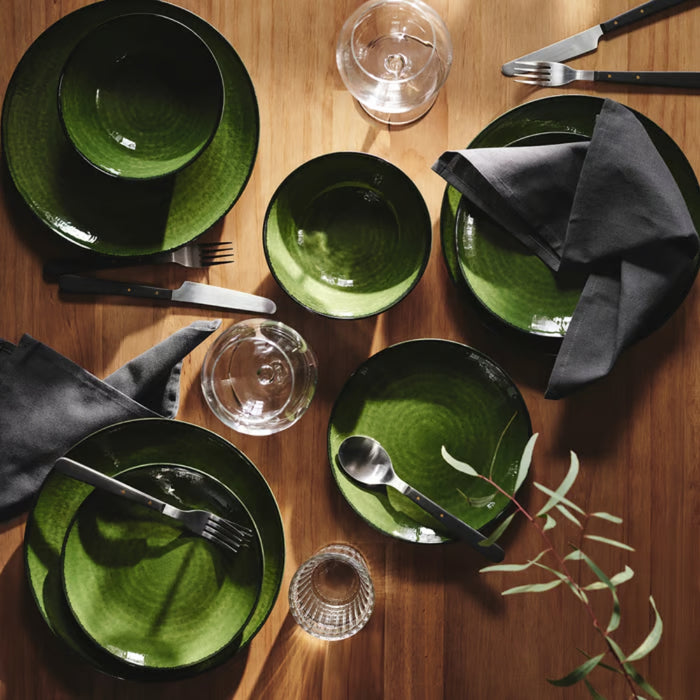IKEA Green Dining Set with Side Plates 20 cm, Bowls 16 cm, and Woven Placemats 46x33 cm, 6-Piece