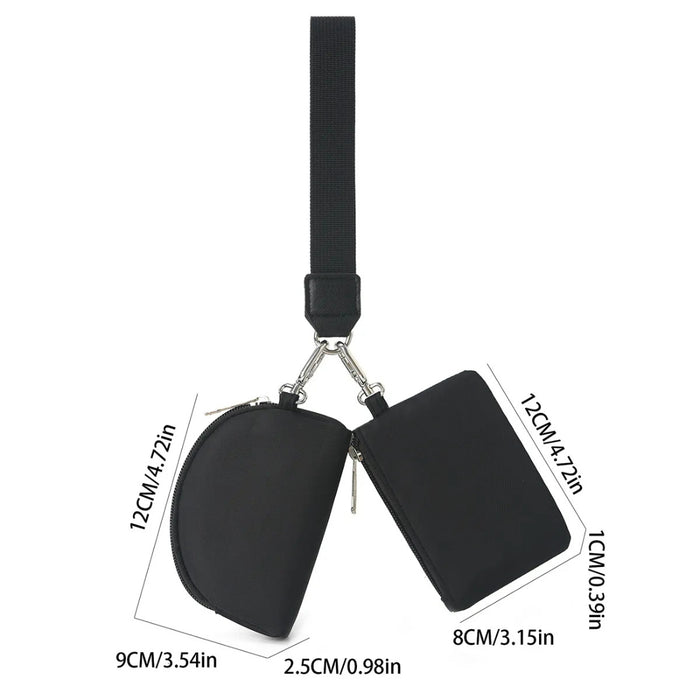Mini Black Change Purse – Portable, Dual Pouch, Fashion Accessory, displayed with labeled dimensions of both compartments
