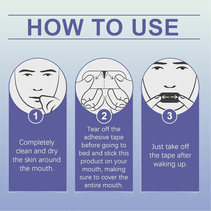 Step-by-step usage guide for mouth tape showing cleaning, application before bed, and removal after waking