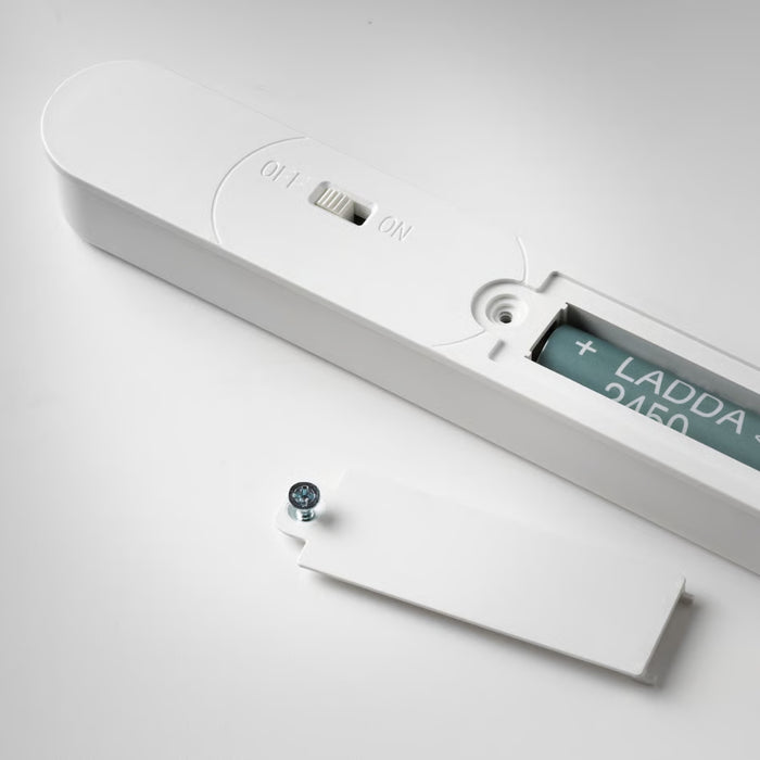 Detailed view of the battery compartment on the back of the ROLFSTORP light, showing an "ON/OFF" switch and rechargeable battery slot.