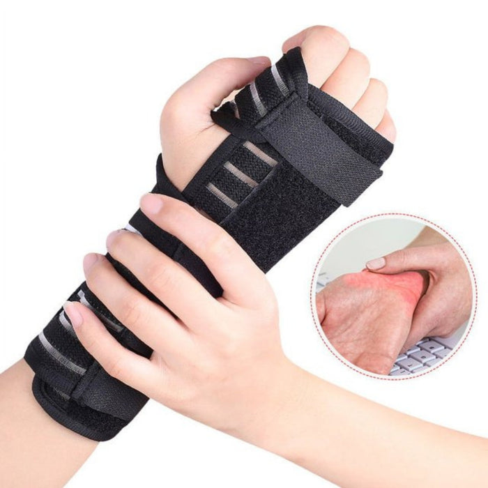 Digital Shoppy black wrist brace being secured with Velcro straps close‑up showing padded breathable material
