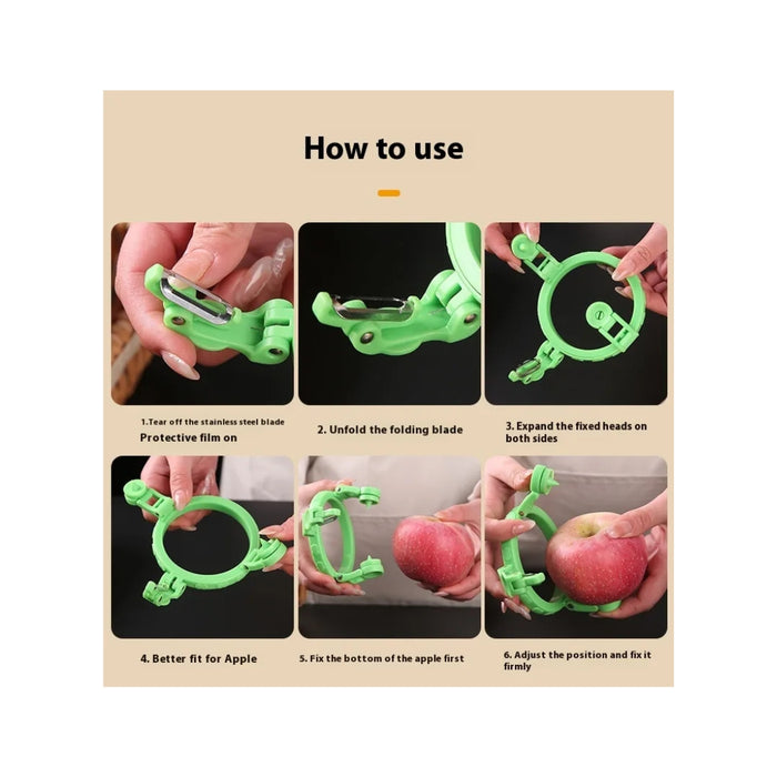 Instructions on how to use a green apple peeler with images of hands demonstrating each step.