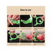 Instructions on how to use a green apple peeler with images of hands demonstrating each step.