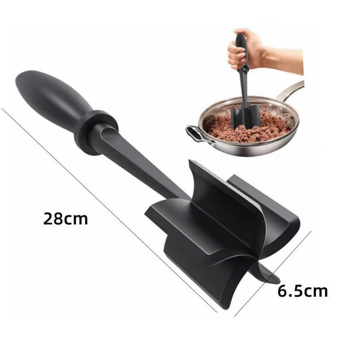 Black pet scoop with measurements and usage scenario on a white background
