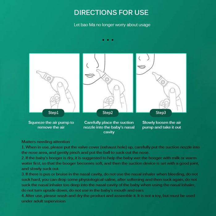 Step-by-step usage guide for baby nasal aspirator with safety tips and illustrated instructions for caregivers