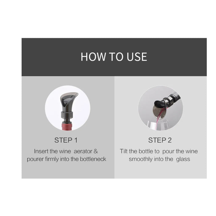 Instructions on how to use a wine aerator and pourer with text and images.