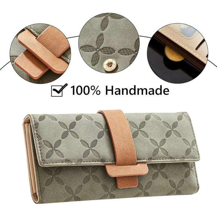 Green women’s wallet – handmade purse with tan strap, coin compartment, and snap button detail