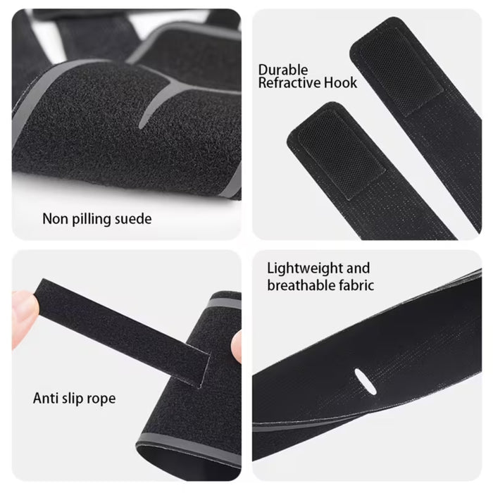 Detailed product features highlighting the non-pilling suede, durable refractive hook, anti-slip rope, and lightweight breathable fabric.