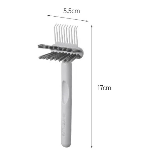 Gray dual-use comb cleaning brush, 17cm x 5.5cm; claw and dense bristle head – shown in use and with dimensions – removes hair, grease, dandruff from combs – 1600004667634, 13645135