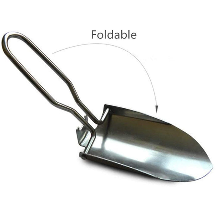 Stainless steel garden shovel – polished foldable shovel with curved blade and labeled folding direction