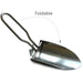 Stainless steel garden shovel – polished foldable shovel with curved blade and labeled folding direction