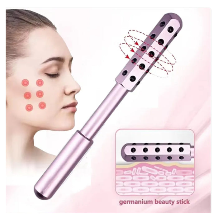 Pink Germanium beauty stick with close-up of face and product details on a pink background