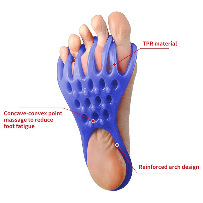 Blue toe orthosis – labeled features of TPR massage device with arch support and concave-convex sole texture